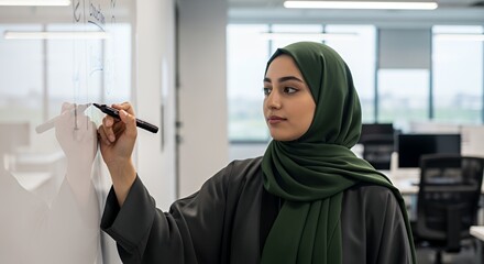 A focused young woman in a hijab thoughtfully writes on a whiteboard during a brainstorming session, showcasing intelligence and modern workplace inclusivity.