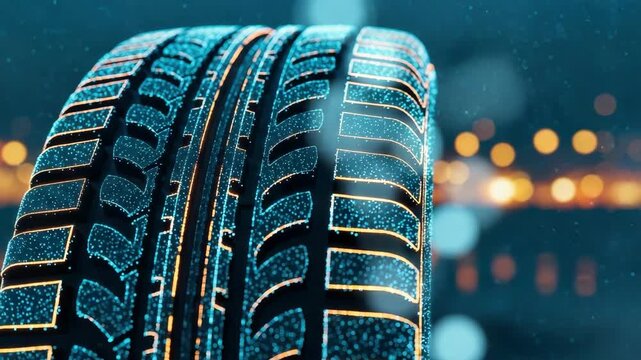 Close-up view of a modern tire showcasing intricate tread patterns and textures illuminated by soft bokeh lights in the background ideal for automotive and tire-related imagery