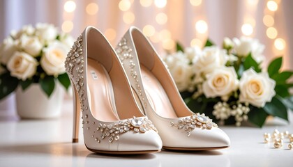 Obraz premium Elegant wedding shoes adorned with rhinestones accompanied by white rose bouquets