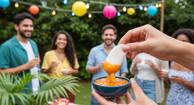 Friends enjoying a casual outdoor summer party with snacks and dipping sauce.