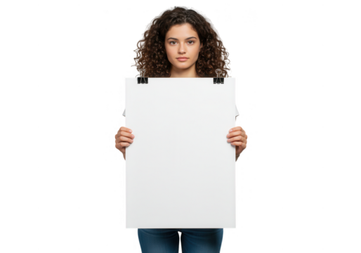 Woman with curly hair holding blank paper isolated on transparent background
