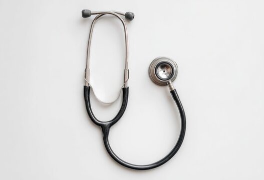 Overhead view of a black stethoscope on white background