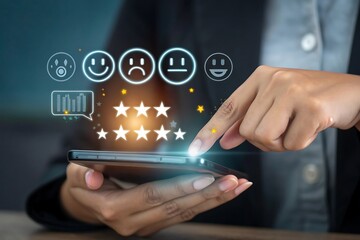 Customer Experience Feedback on Mobile Phone with Five Star Rating and Emoticons representing satisfaction levels and survey results