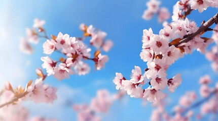 Close-up of delicate pink cherry blossoms blooming against a bright blue sky. Symbol of spring, renewal, and beauty.