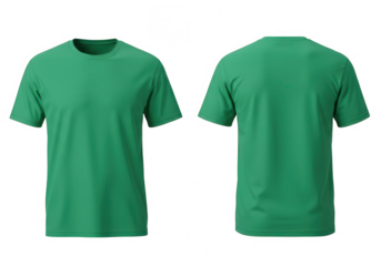 Green t shirt front and back view isolated on transparent background