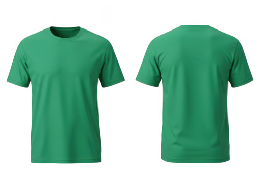 Green t shirt front and back view isolated on transparent background