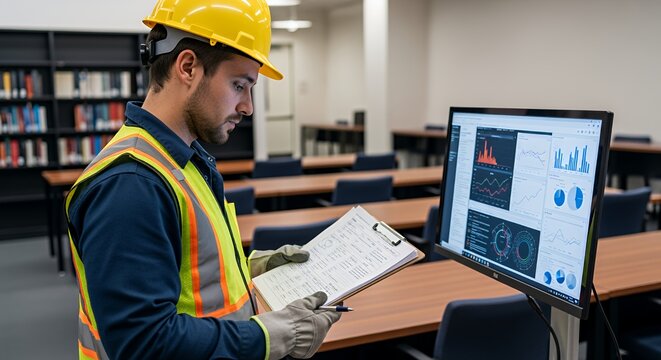 A construction worker reviews project data on a computer screen while holding a clipboard of notes in a modern setting.