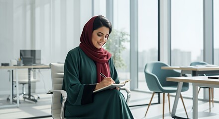 A young woman in a hijab sits in a modern , thoughtfully writing in a notebook, showcasing professionalism and grace.