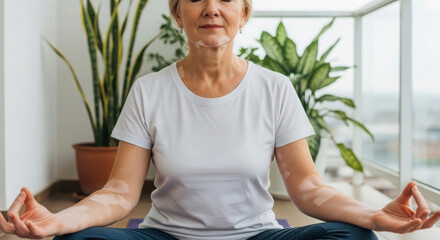 Senior woman with vitiligo practicing yoga, promoting strength and balance.