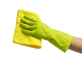 Hand in glove holding yellow cloth for cleaning isolated on transparent background