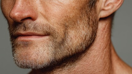 Fototapeta premium Close-up of a mature man's lower face showing textured skin, wrinkles, and salt-and-pepper stubble beard.