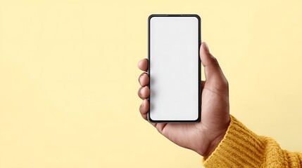 A hand holds a smartphone against a bright yellow background