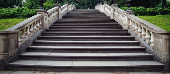 Grand staircase of stone and balustrades leading upwards in a serene landscape