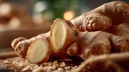 Fresh ginger root with a sliced piece showing its fibrous interior on a rustic wooden surface.