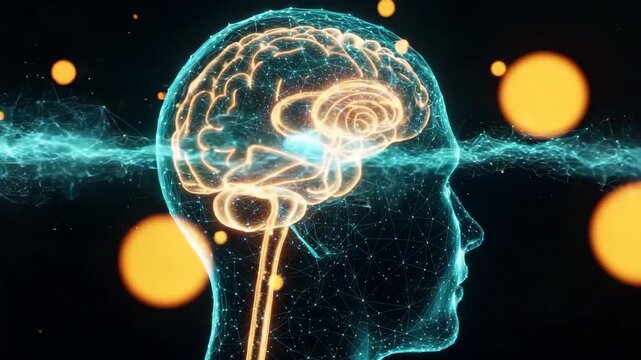 A futuristic illustration of a human brain outlined in neon blue showcasing neural connections and energy waves set against a dark background with glowing orbs symbolizing advanced cognitive processes