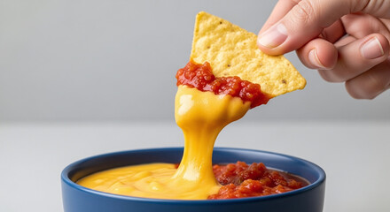 A tortilla chip with salsa being dipped into cheese dip, a delicious snack.