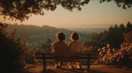 Obraz premium Two people sit on a bench, overlooking a scenic sunset view of a forested valley with mountains in the distance.