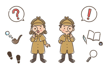 虫眼鏡を覗いている探偵姿の女の子と男の子