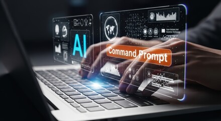 Hands type on laptop with command prompt data interface overlaying for futuristic innovative technology digital conceptual background