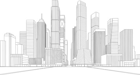 Detailed architectural line drawing of a modern city skyline with diverse skyscrapers and urban landscape
