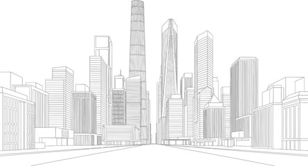 Obraz premium Detailed architectural sketch of a modern city skyline with towering skyscrapers against a white background