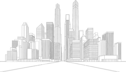 Detailed architectural sketch of a modern city skyline featuring diverse skyscrapers and a sense of urban development