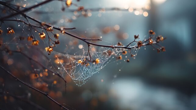 A delicate spider web glistens with dew, strung between autumn branches with small dried leaves, set against a soft, blurred background of muted blues and greys. - Powered by Adobe