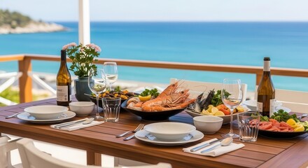 Fototapeta premium A beautifully set dining table laden with a seafood feast, overlooking a serene turquoise ocean on a sunny day.
