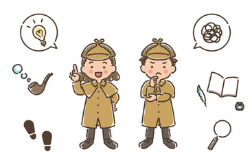 探偵姿の女の子と男の子（指差し・考え中）