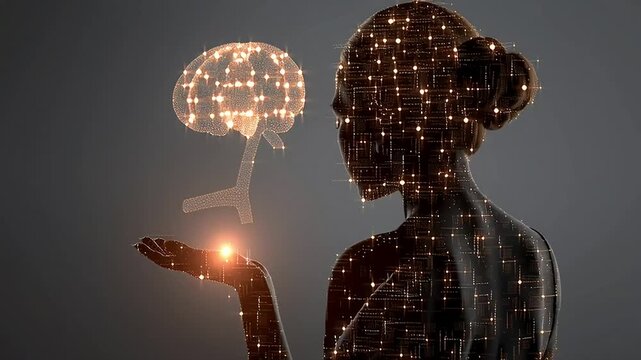 Woman Silhouette with Glowing Brain and Light, Modern Concept Art with ai generated