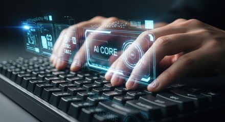 Hands on keyboard with virtual interface displaying data information streams for innovative digital technology concepts