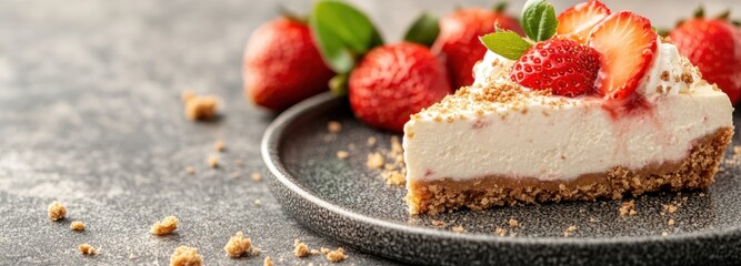 Delicious slice of strawberry cheesecake on a textured plate surrounded by fresh strawberries and crumbs