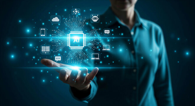 hand holding a glowing AI chip surrounded by digital icons, symbolizing artificial intelligence, machine learning, and technological innovation. Ideal for themes of future tech, data, and digital tran - Powered by Adobe