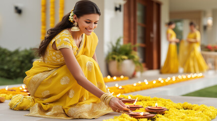 Young Woman Lighting Diyas for Vasant Panchami Festival Outside Home – Yellow Saree, Marigold Flowers, and Traditional Celebration