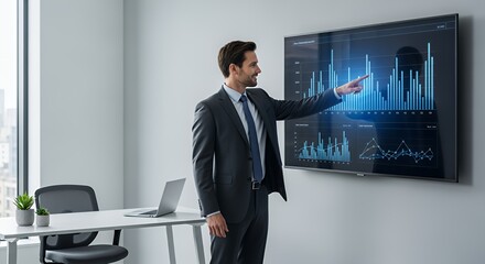 A confident businessman presents financial data on a large screen, showcasing growth and market trends during a presentation.