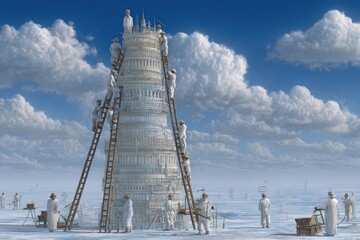 A diverse group of professionals collaborating and working together on a modern tower project