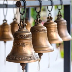 Antique brass bells hanging in a row
