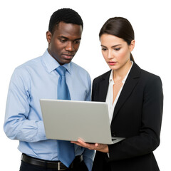 Business colleagues looking at laptop device isolated on transparent background