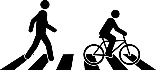 Pedestrian and Bicycle Crossing: A simple yet powerful icon representing a person walking and pushing a bicycle across a crosswalk. Emphasize safe pedestrian and cyclist interaction. 