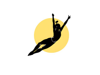 A woman is jumping in the air with her arms raised