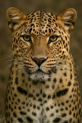 Fototapeta premium Close-up portrait of a majestic leopard staring directly at the camera. Beautiful wild cat showing its intense gaze and spotted fur.
