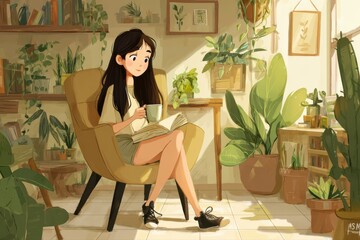 A woman sitting comfortably in a chair, engrossed in reading a book. She appears to be enjoying some quiet alone time.