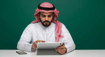 A man in traditional Middle Eastern attire sits at a table, attentively using a tablet computer.