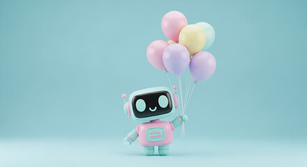 Naklejka premium An adorable robot character is holding colorful balloons on a soft blue backdrop.