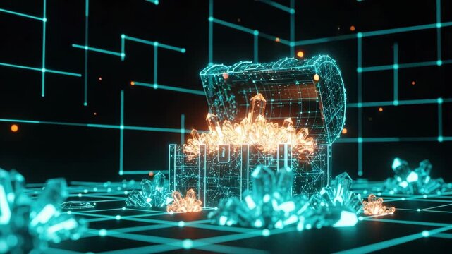 A futuristic digital treasure chest filled with glowing crystals set against a dark high-tech background with neon grid patterns symbolizing wealth and innovation in technology