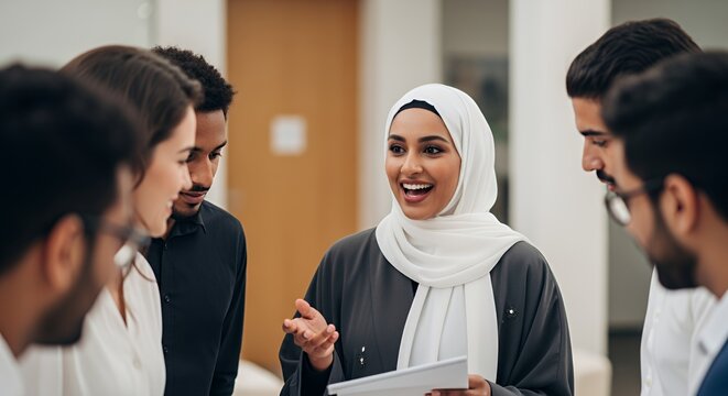 A diverse group of young professionals, including a woman in a hijab, engage in a lively discussion, showcasing collaboration and cultural diversity in a modern workplace.