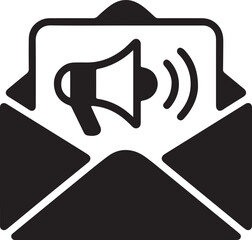 Vector Icon: Email Announcement Sign, Megaphone Symbol in Envelope, Bold Black Style
