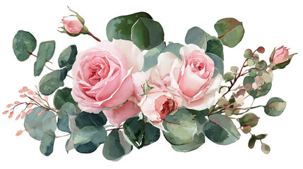 Pink Roses and Eucalyptus Watercolor Painting, PNG