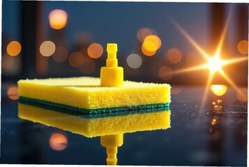 Yellow sponge with attached cleaning tool against bokeh background