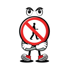 No pedestrian crossing cartoon sign character in flat vector style, ideal for urban safety campaigns, crosswalk control, and traffic signage.
